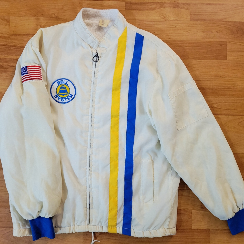 Vintage 1970s Bell System Striped Insulaged Racing Bomber Workwear Jacket, Large